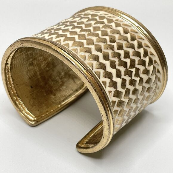 Banana Republic Gold Tone White Enamel Woven Embossed Wide Open Cuff Bracelet - Picture 1 of 7